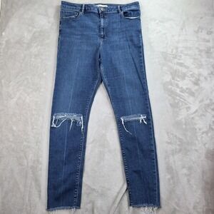 ASOS Denim Jeans Mens 34x32 Blue Skinny Distressed Ripped Knees Raw‎ Hem Stretch